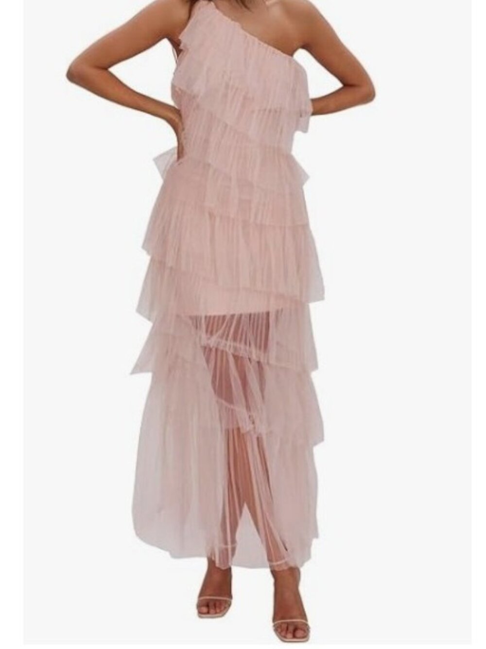 One Shoulder Tiered Dress (Blush Pink) for Homecoming, Prom, Wedding - Size 12